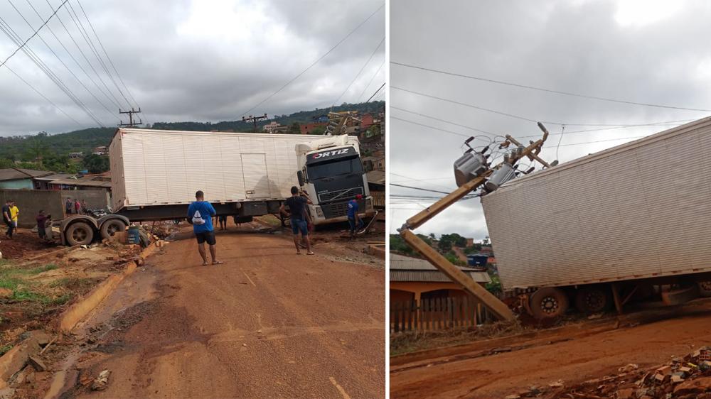 A carreta atingiu uma moto que ficou completamente destruída e também um poste que comportava dois transformadores, deixando o bairro sem energia elétrica. Foto: Redes Sociais