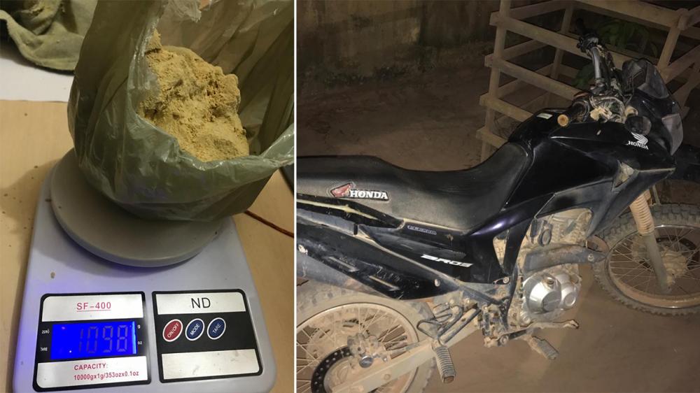 Foram apreendidas quase 1kg de droga, e uma moto Broz na cor preta que seria produto de furto ocorrido no km 200 da rodovia Transamazônica, zona rural do município.